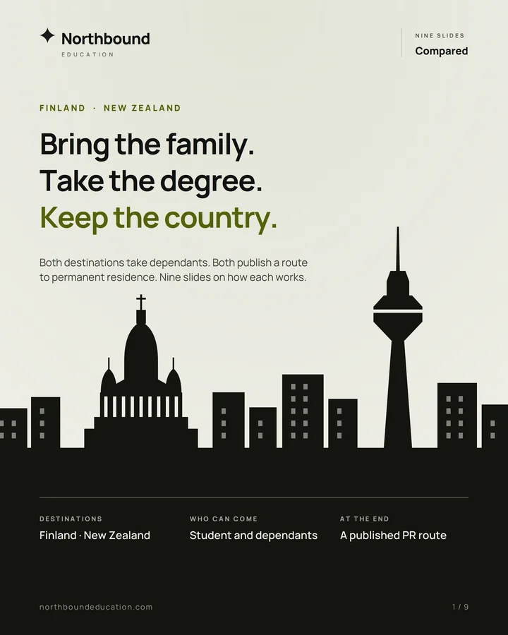 Northbound poster comparing Finland and New Zealand on dependants and the published route to permanent residence
